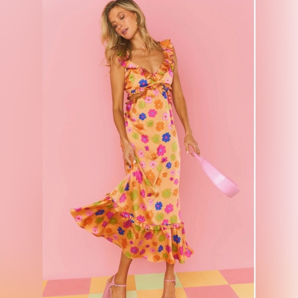 NWT Show Me Your Mumu Orange Floral Poppin’ Poppy Lane Midi Dress - Picture 3 of 9